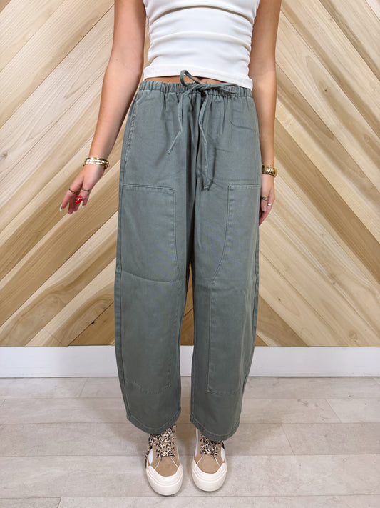Olive Drawstring Barrel Denim Pants
