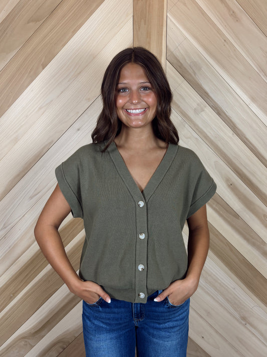 Olive Knit Button-Front Vest