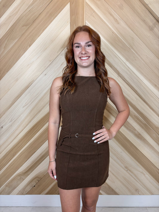 Suede Round Neck Belted Mini Dress
